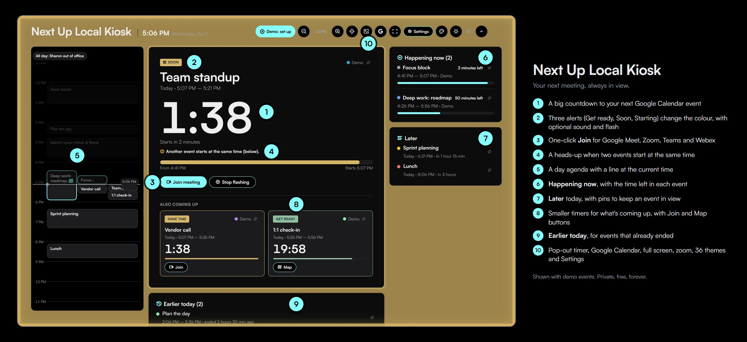 Next Up with demo events, numbered to show: a big countdown, colour alerts, a Join button, a same-time warning, the day agenda, Happening now, Later, smaller timers with Join and Map, Earlier today, and the header controls.